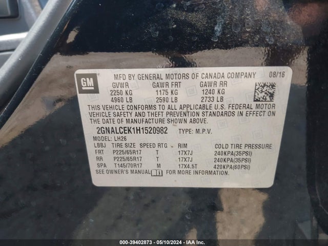 Chevrolet EQUINOX LT 2017 2GNALCEK1H1520982 Image 9