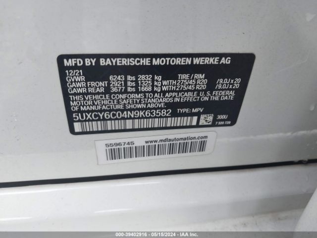 5UXCY6C04N9K63582 BMW X6 Xdrive40i
