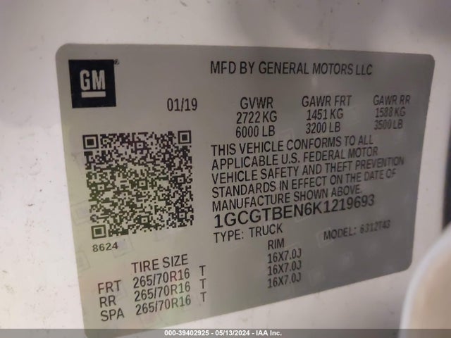 Chevrolet Colorado Wt 2019 1GCGTBEN6K1219693 Image 9