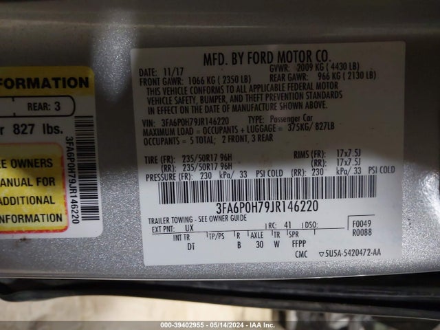 Ford FUSION SE 2018 3FA6P0H79JR146220 Image 9