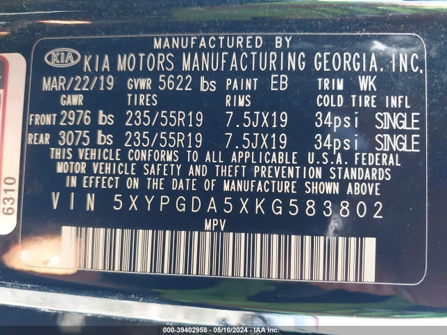 KIA Sorento 3.3l S 2019 5XYPGDA5XKG583802 Image 9