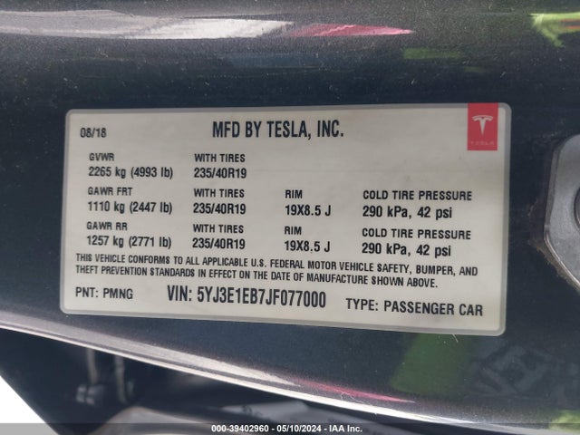 Tesla Model 3 Long Range/performance 2018 5YJ3E1EB7JF077000 Image 9