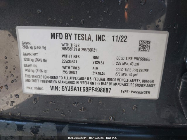 Tesla Model S Plaid Tri Motor All-wheel Drive 2023 5YJSA1E68PF498887 Image 9