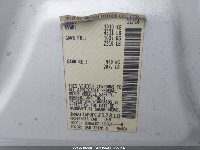 Nissan Altima 2.5 S 2015 1N4AL3AP0FC212810 Image 9