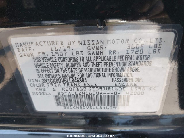 Nissan Versa S Xtronic Cvt 2020 3N1CN8DV5LL846394 Image 9