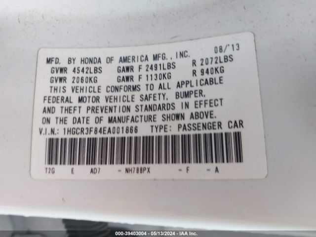 1HGCR3F84EA001866 Honda Accord Ex-l V-6