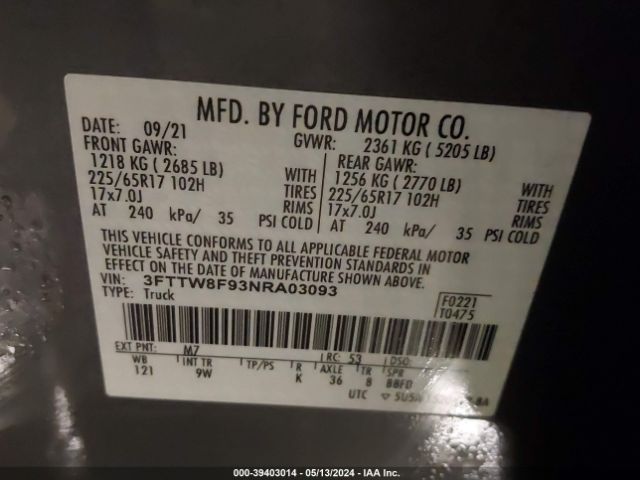 3FTTW8F93NRA03093 Ford Maverick Xl