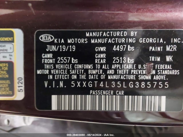 KIA Optima Lx 2020 5XXGT4L35LG385755 Image 9