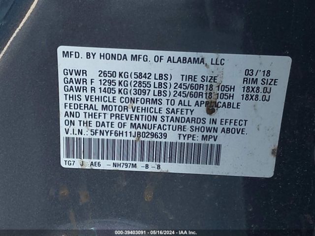 5FNYF6H11JB029639 Honda PILOT LX