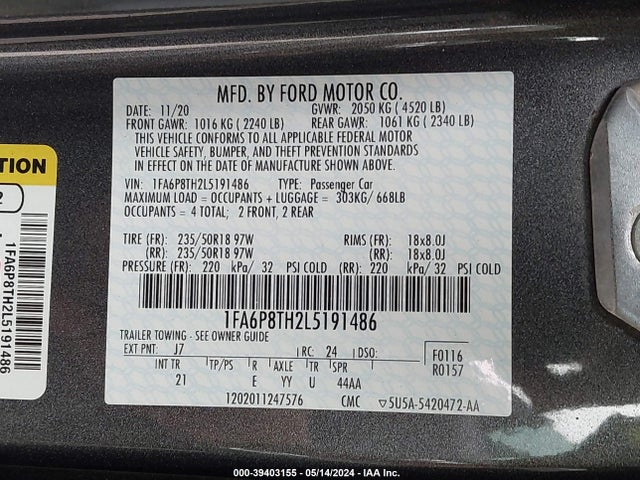 Ford Mustang Ecoboost Fastback 2020 1FA6P8TH2L5191486 Image 9