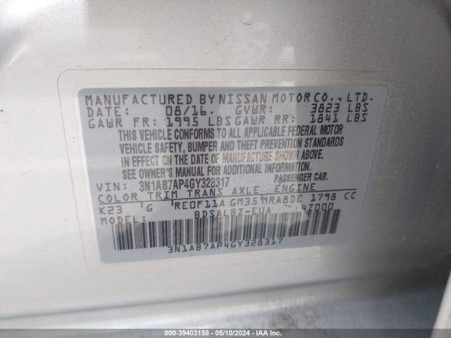 Nissan SENTRA S 2016 3N1AB7AP4GY328317 Image 9