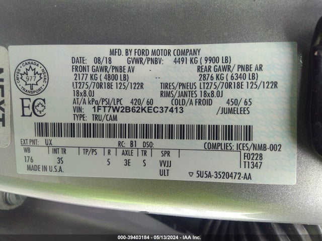 Ford F-250 Xlt 2019 1FT7W2B62KEC37413 Image 9
