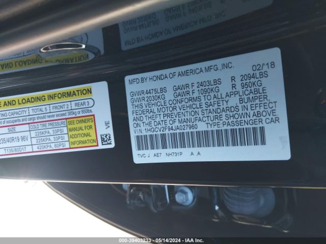 1HGCV2F94JA027960 Honda Accord Touring 2.0t