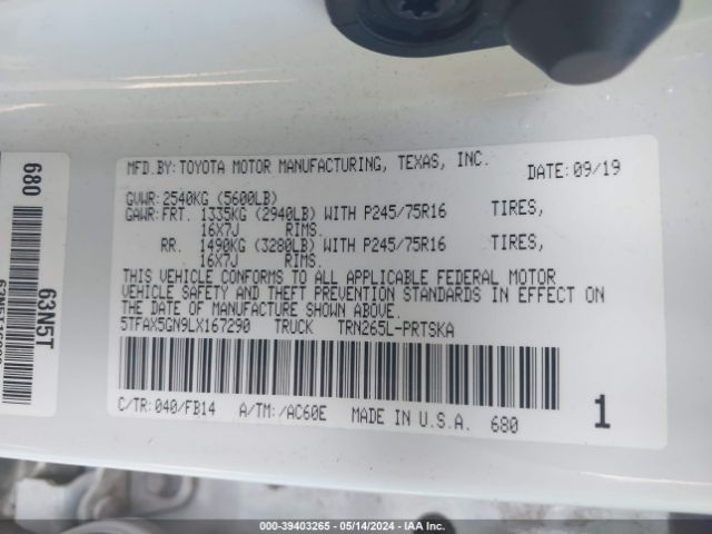 5TFAX5GN9LX167290 Toyota Tacoma Sr