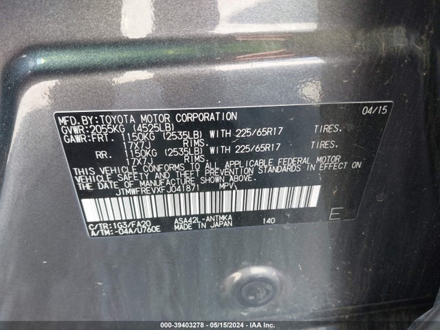 Toyota Rav4 Xle 2015 JTMWFREVXFJ041871 Image 9