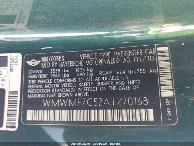 2010 MINI COOPER S WMWMF7C52ATZ70168 Photo 8
