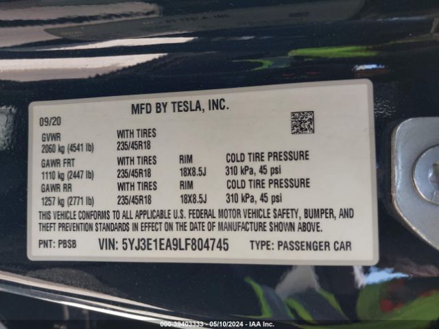 5YJ3E1EA9LF804745 Tesla Model 3 Standard Range Plus Rear-wheel Drive/standard Range Rear-wheel Drive