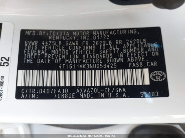 Toyota CAMRY SE 2022 4T1G11AK3NU658425 Image 9