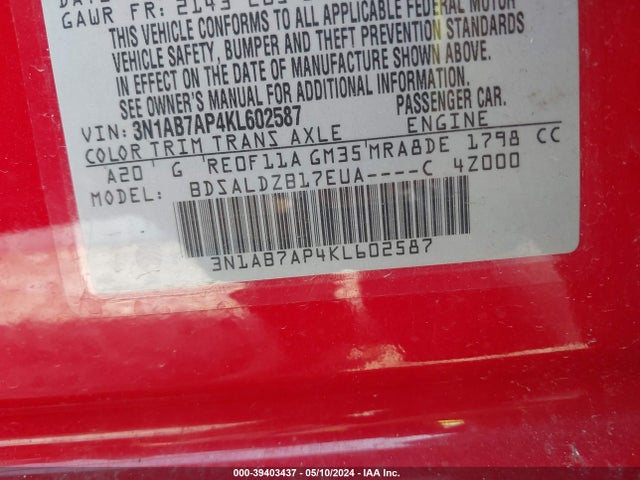 Nissan SENTRA SV 2019 3N1AB7AP4KL602587 Image 9