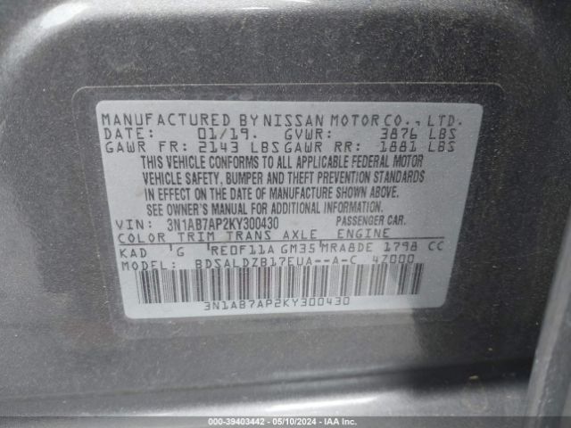 3N1AB7AP2KY300430 Nissan SENTRA SV
