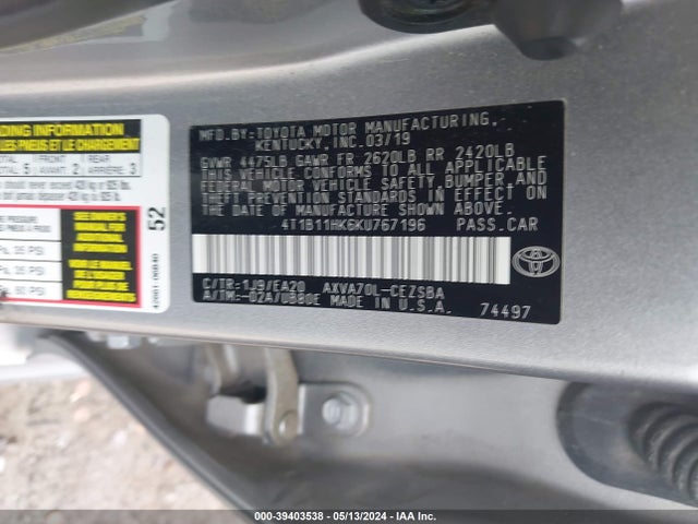 Toyota CAMRY SE 2019 4T1B11HK6KU767196 Image 9