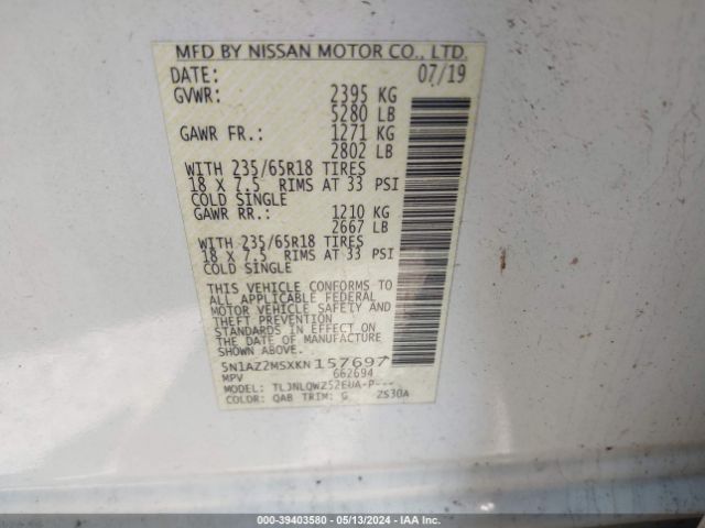 5N1AZ2MSXKN157697 Nissan MURANO SV