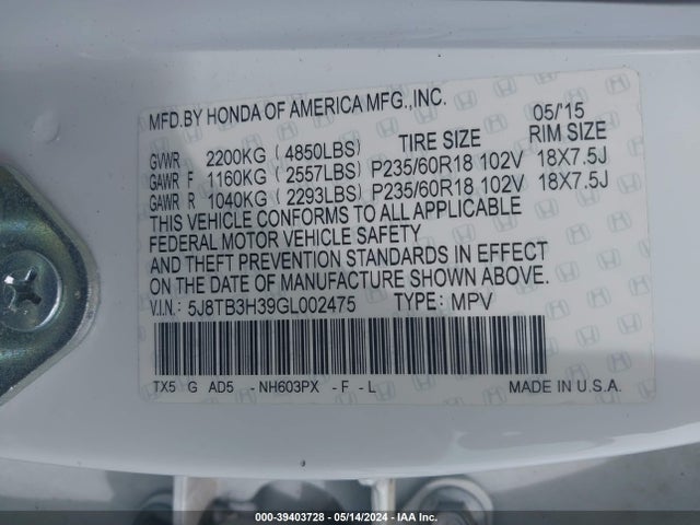 5J8TB3H39GL002475 Acura RDX
