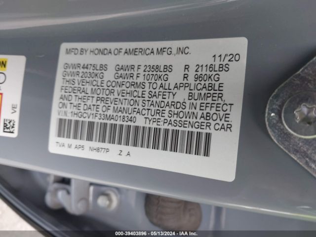 1HGCV1F33MA018340 Honda Accord Sport