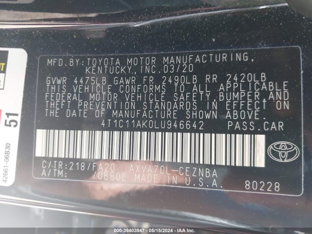 Toyota CAMRY LE 2020 4T1C11AK0LU946642 Image 9