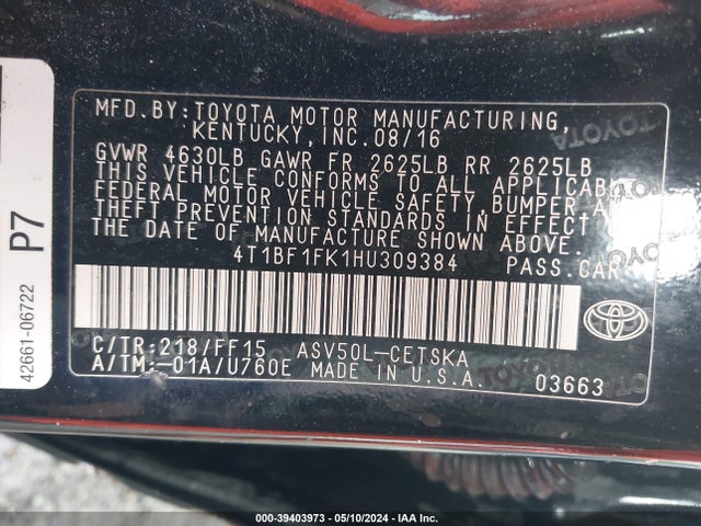 Toyota CAMRY SE 2017 4T1BF1FK1HU309384 Image 9
