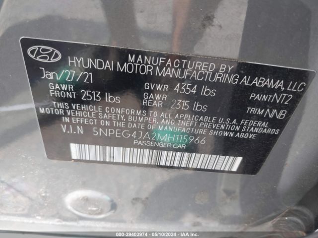 5NPEG4JA2MH115966 Hyundai SONATA SE