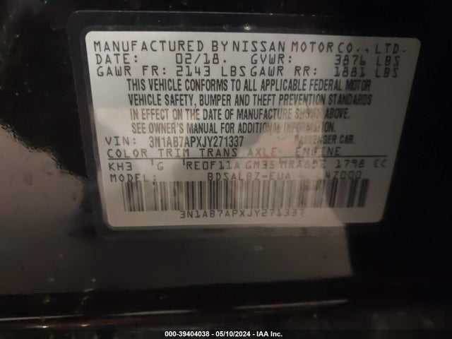 Nissan SENTRA S 2018 3N1AB7APXJY271337 Image 9