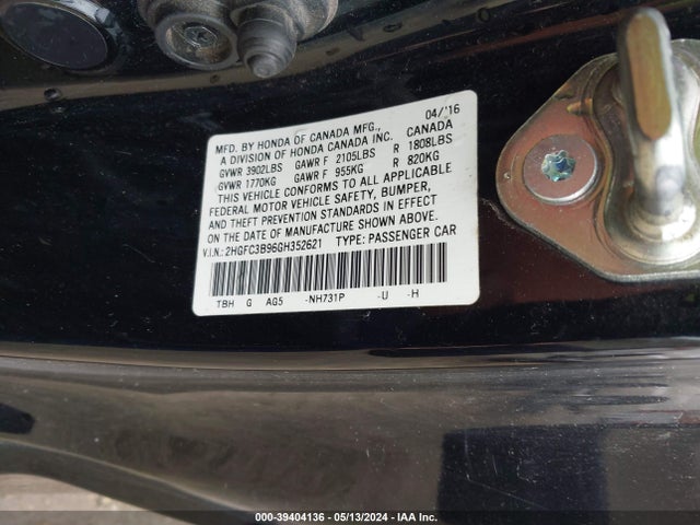Honda Civic Touring 2016 2HGFC3B96GH352621 Image 9