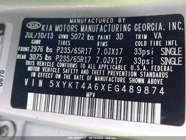 KIA SORENTO LX 2014 5XYKT4A6XEG489874 Image 9