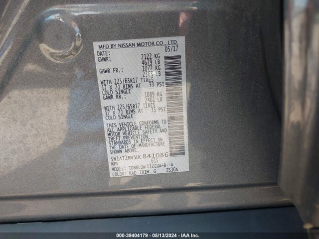 Nissan ROGUE SV 2017 5N1AT2MV5HC841086 Image 9