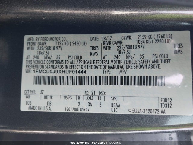Ford Escape Titanium 2017 1FMCU0J9XHUF01444 Image 9