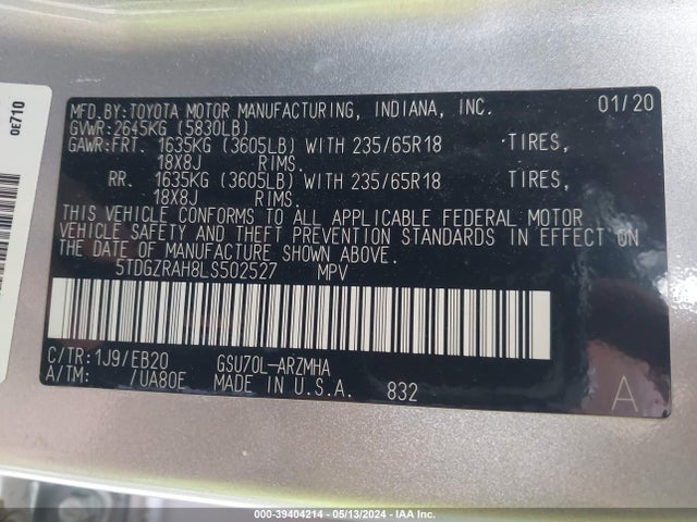 Toyota Highlander Xle 2020 5TDGZRAH8LS502527 Image 9