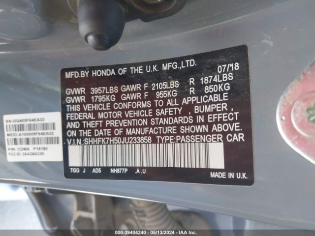 SHHFK7H50JU233858 Honda CIVIC EX