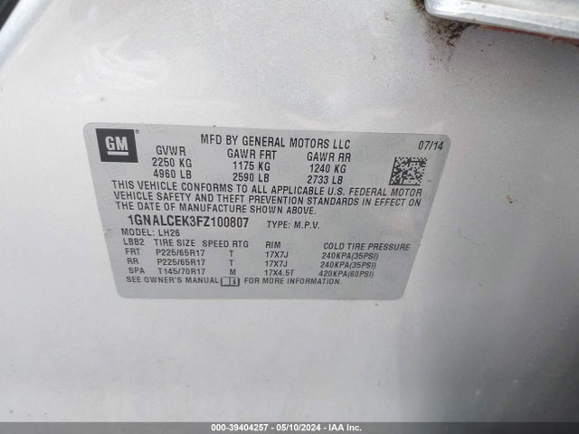 Chevrolet Equinox 2lt 2015 1GNALCEK3FZ100807 Image 9