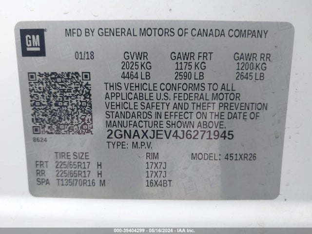 Chevrolet EQUINOX LT 2018 2GNAXJEV4J6271945 Image 9