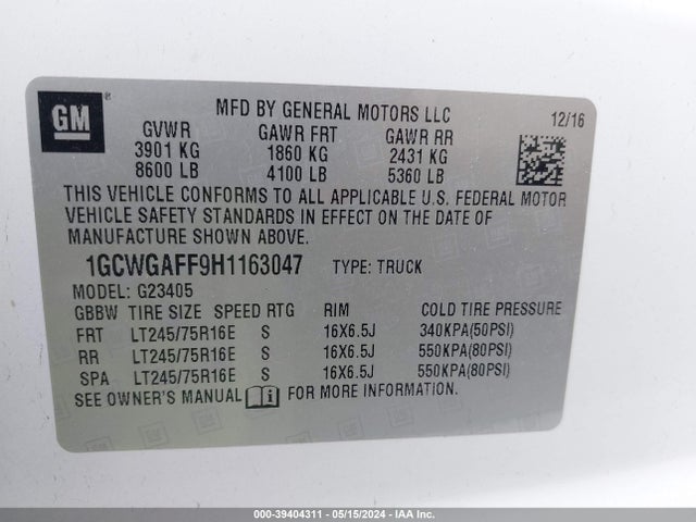 Chevrolet Express 2500 Work Van 2017 1GCWGAFF9H1163047 Image 9
