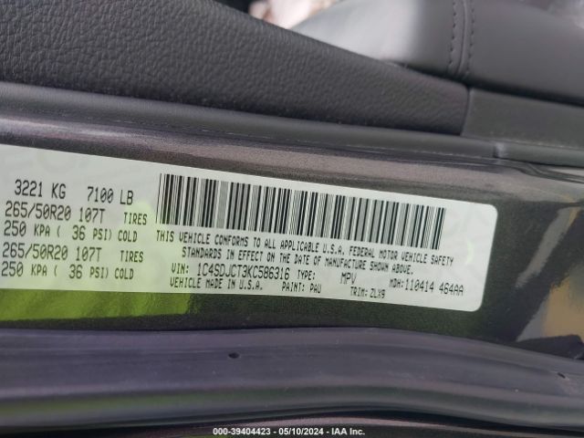 1C4SDJCT3KC586316 Dodge Durango R/t Awd