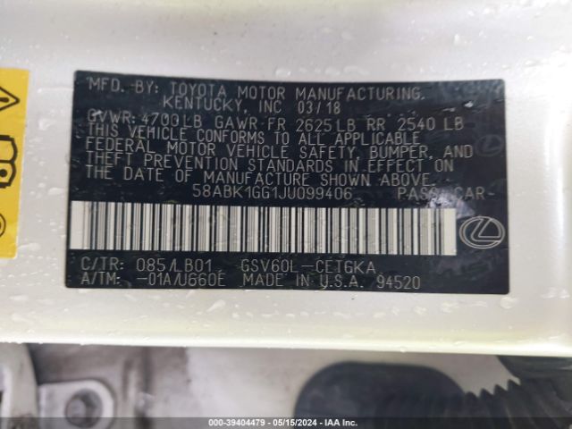 58ABK1GG1JU099406 Lexus ES 350
