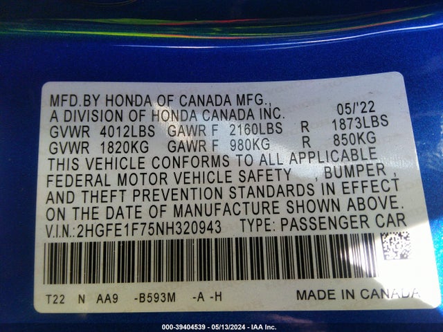 Honda CIVIC EX 2022 2HGFE1F75NH320943 Image 9