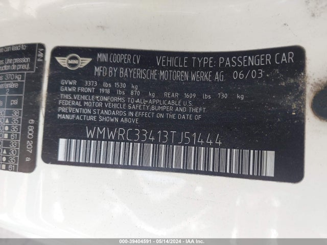 2003 MINI COOPER WMWRC33413TJ51444 Photo 8
