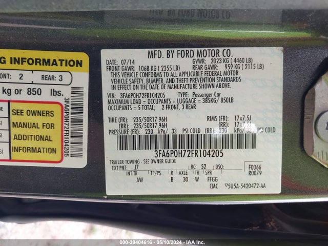 Ford FUSION SE 2015 3FA6P0H72FR104205 Image 9
