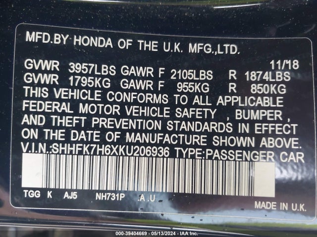 Honda CIVIC EX 2019 SHHFK7H6XKU206936 Image 9