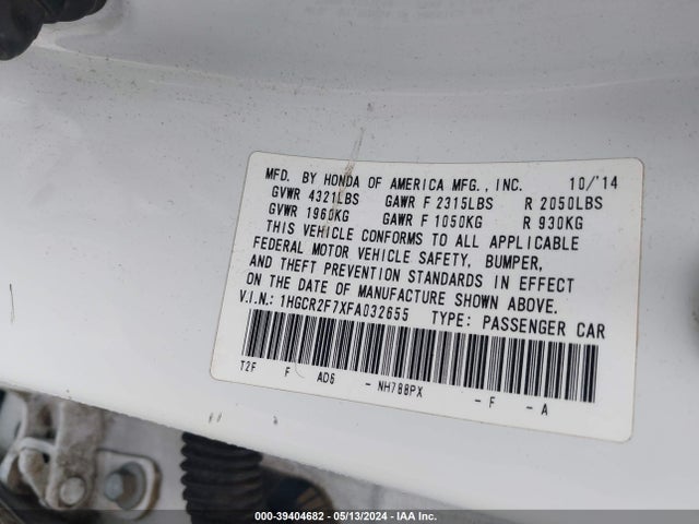 Honda ACCORD EX 2015 1HGCR2F7XFA032655 Image 9
