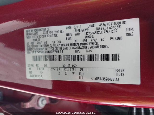 Ford F-250 King Ranch 2019 1FT7W2BT5KEF76818 Image 9