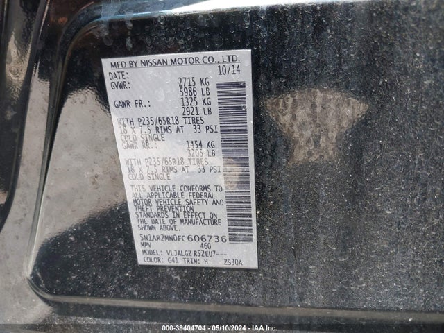 Nissan Pathfinder Platinum/s/sl/sv 2015 5N1AR2MN0FC606736 Image 9